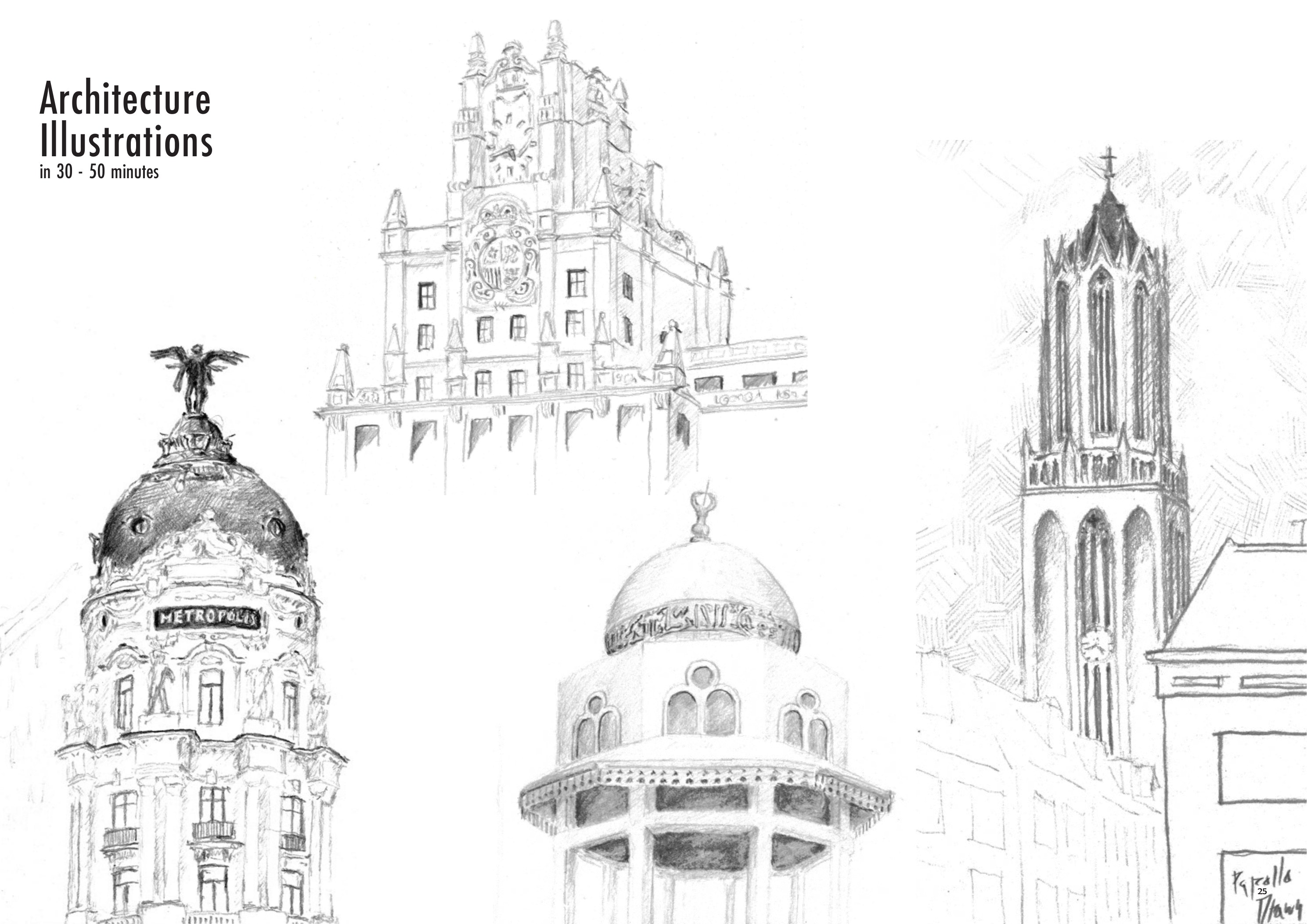 Architectural drawings of classical and iconic buildings made while travelling